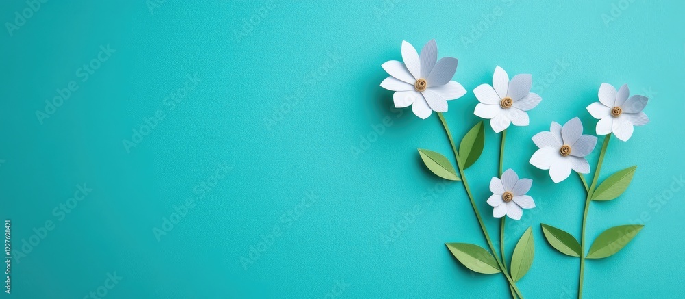 Obraz premium Mother's Day Greeting Card Design Featuring Paper Flowers on Turquoise Background with Blank Space for Personal Message or Text