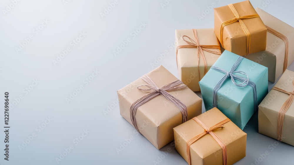Fototapeta premium Pastel toned gift boxes with ribbons on light background