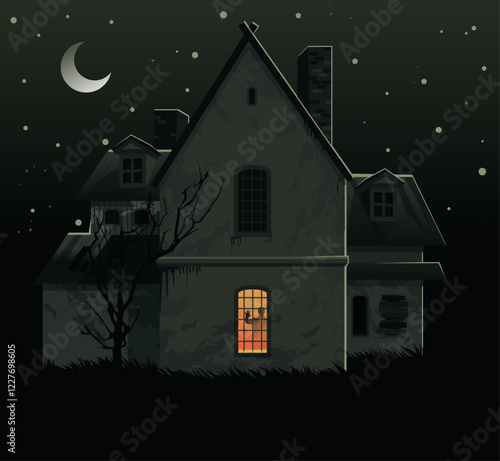 Mysterious haunted house at night with a glowing window, surrounded by leafless trees and a starry sky. Perfect for horror, Halloween, and gothic-themed projects