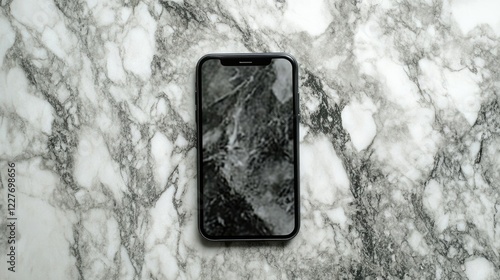 Eco-friendly smartphone case mockup on white marble background showcasing blank screen for modern mobile design presentations photo