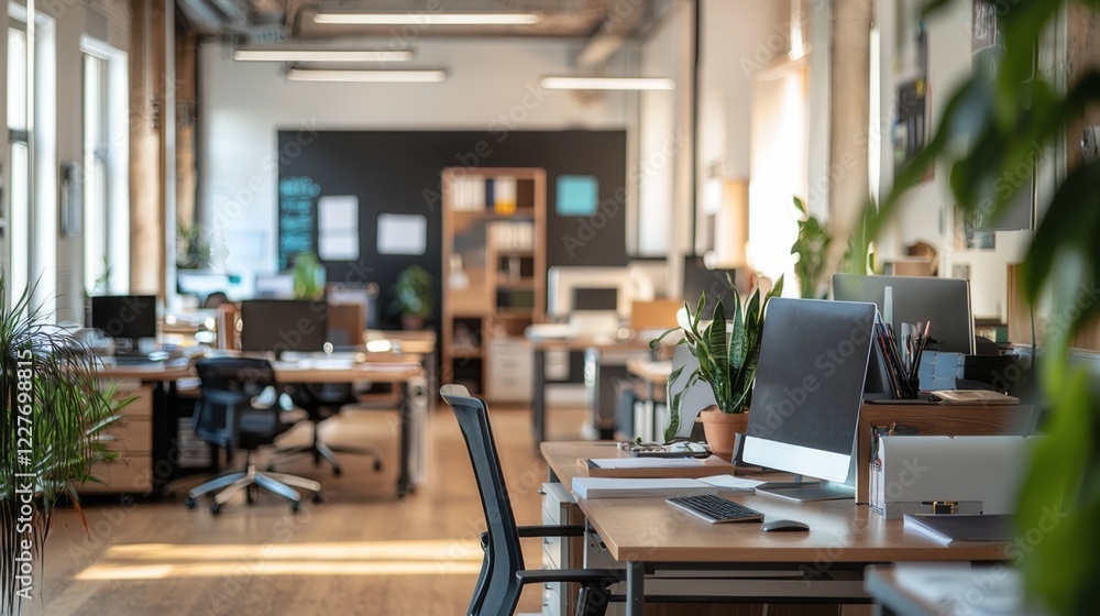 Sunlit Modern Office Interior with Wooden Desks and Plants Sunlit Modern Office Interior with Wooden Desks and Plants