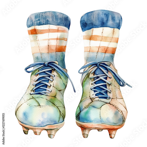 Vintage Watercolor Soccer Cleats With Striped Socks on a Clean Background Showcasing Sporting Nostalgia and Charm