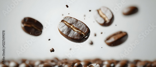 Roasted beans falling, studio shot, coffee ad photo