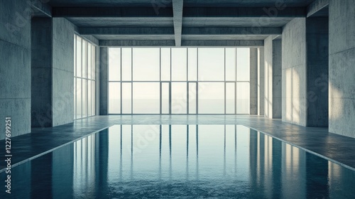 Modern minimalist interior with floor-to-ceiling windows overlooking a serene body of water reflecting natural light