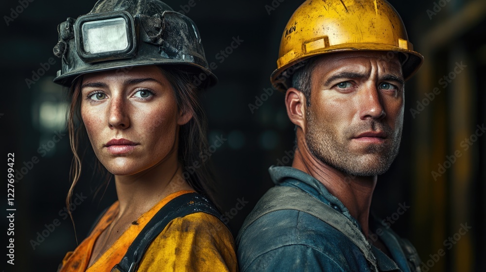 Fototapeta premium Portrait of male and female factory workers showcasing strength and resilience in a industrial environment with safety gear and focused expressions