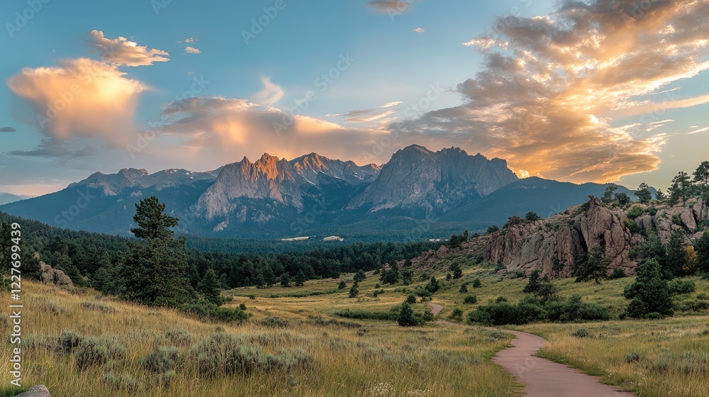 Rocky Mountains Under Dramatic Cloudy Sky at Dawn with Lush Greenery and Pathway in Foreground