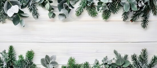 winter christmas themed banner backgrounds border greenery frame fir tree twigs frosted eucalyptus leaves white wooden board copy space for text
