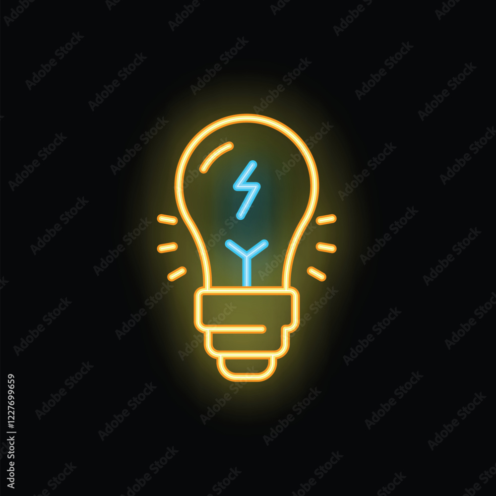 Neon light bulb shining with energy symbol inside, concept for new idea, innovation and solution Neon light bulb shining with energy symbol inside, concept for new idea, innovation and solution