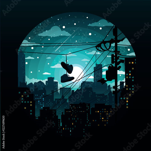 Silhouette of hanging sneakers on power lines against a dreamy urban nightscape, symbolizing street culture, nostalgia, urban storytelling. A powerful representation of city life and hidden meanings