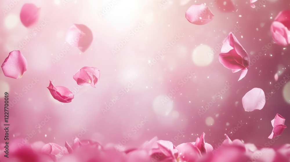 Elegant pink background with falling rose petals and soft bokeh light creating a spring theme space for text or messages. Elegant pink background with falling rose petals and soft bokeh light creating a spring theme space for text or messages.