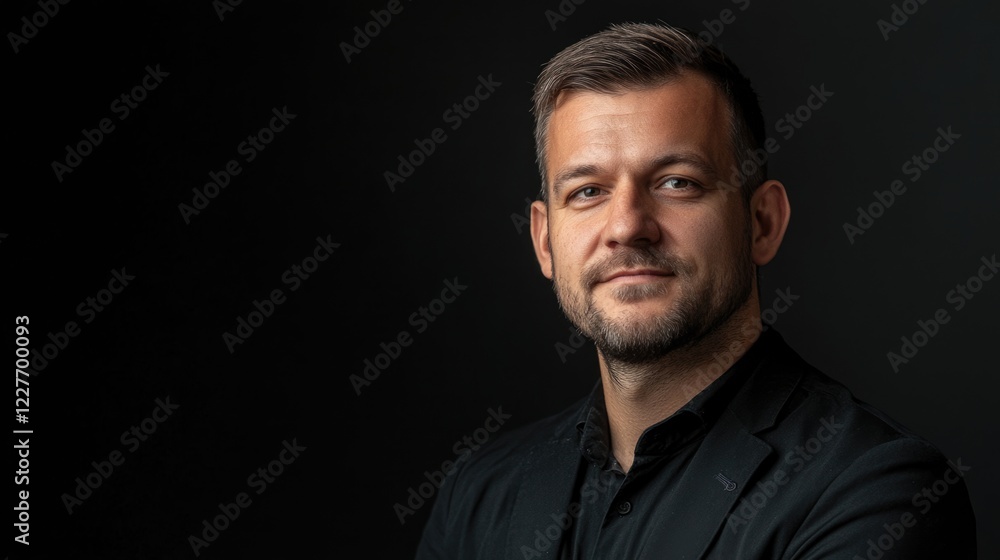 Professional portrait of a confident man with a clean-cut hairstyle wearing a black suit against a dark background showcasing modern elegance. Professional portrait of a confident man with a clean-cut hairstyle wearing a black suit against a dark background showcasing modern elegance.