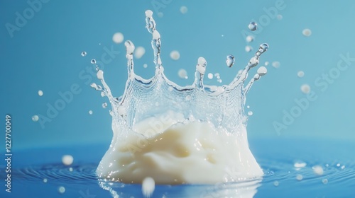 Elegant Water Splash with Droplets on a Vibrant Blue Background Capturing Fluid Dynamics and Refreshing Atmosphere