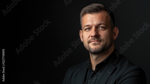 Professional portrait of a confident man with a clean-cut hairstyle wearing a black suit against a dark background showcasing modern elegance.