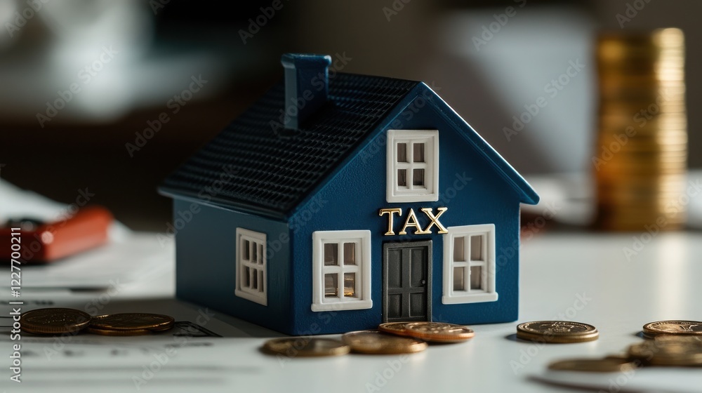 A miniature blue house with A miniature blue house with