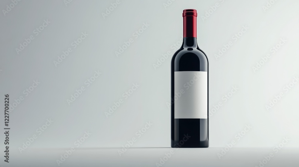 Elegant red wine bottle with blank label against a minimalist white background ideal for branding and advertising purposes. Elegant red wine bottle with blank label against a minimalist white background ideal for branding and advertising purposes.