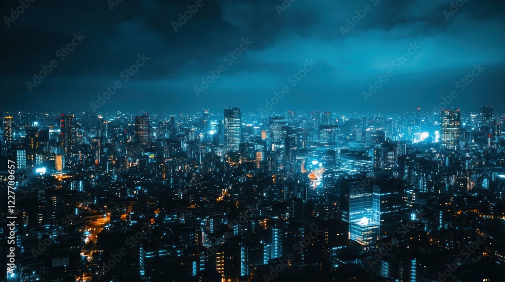 Fototapeta premium Tokyo Nightscape: A mesmerizing aerial view of Tokyo's illuminated cityscape at night, showcasing the vibrant energy and architectural diversity of this global metropolis.