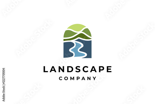 Mountain landscape, peak river creek outdoor logo vector template with flat nature environment style