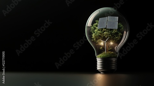 Innovative renewable energy concept with solar panels and wind turbines inside a light bulb, symbolizing sustainable green technology solutions.