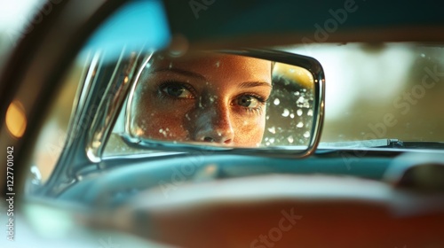 Rearview Mirror Reflection of Woman with Snub Nose in Vintage Car Interior photo