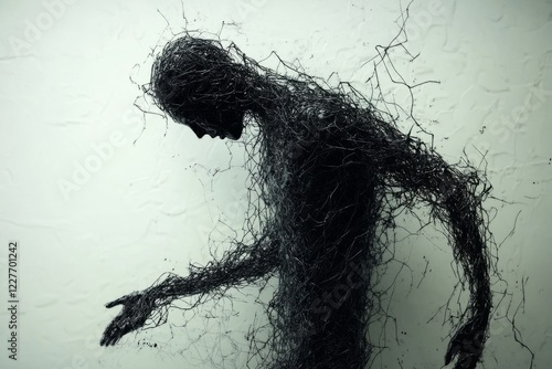 Dark silhouette figure entangled in chaotic threads, evoking mystery photo