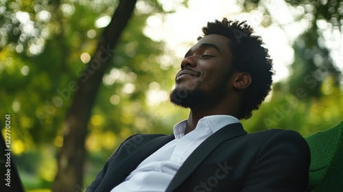 Confident African man in formal attire enjoying nature with laptop in green park reflective moment peaceful atmosphere empty text space