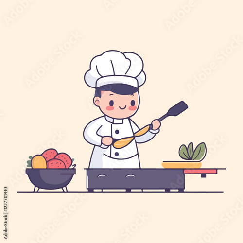 Cute cartoon gril Chef Cooking In Kitchen vector illustration