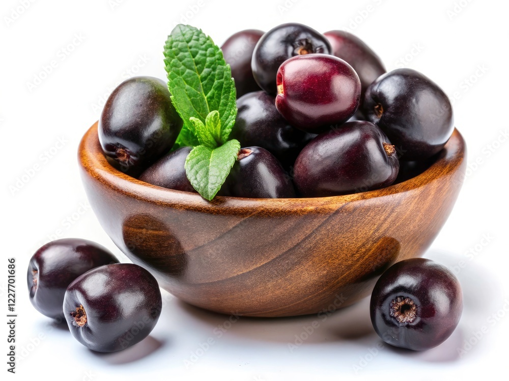Black Java plums rest in a rustic wooden bowl. Simple, elegant, still life photography. Black Java plums rest in a rustic wooden bowl. Simple, elegant, still life photography.