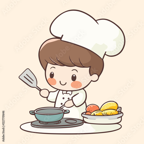 Cute cartoon gril Chef Cooking In Kitchen vector illustration