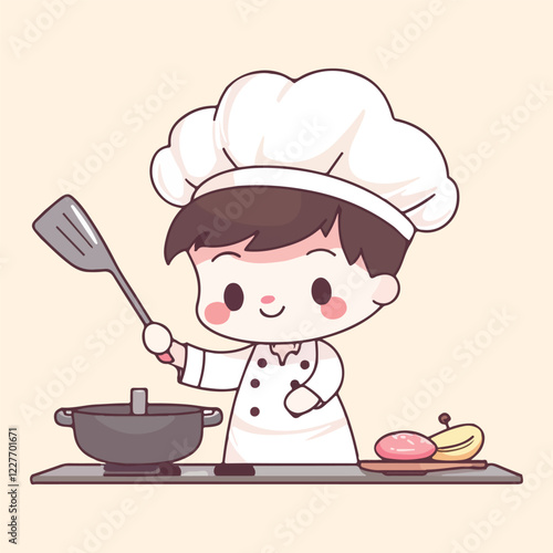 Cute cartoon gril Chef Cooking In Kitchen vector illustration