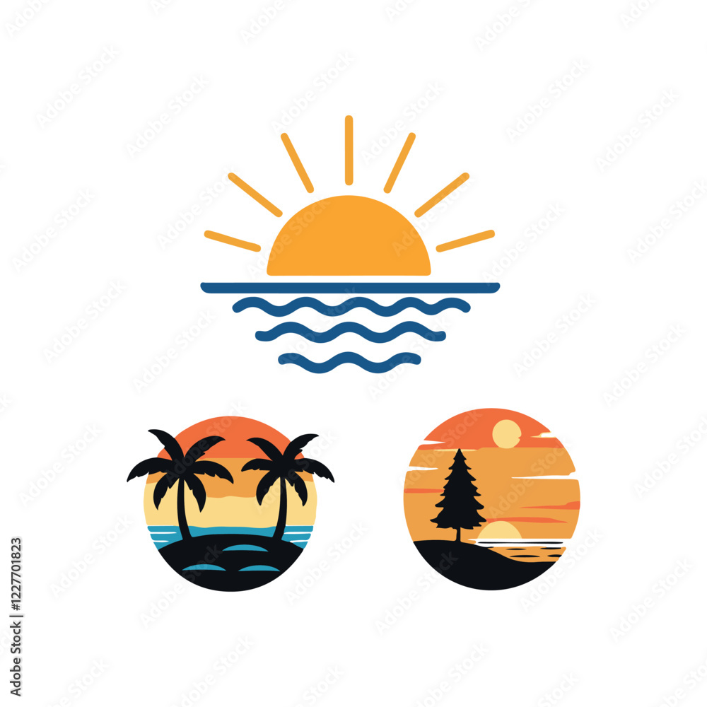 summer sunrise and sunset beach with tree icon vector element t-shirt design illustrations summer sunrise and sunset beach with tree icon vector element t-shirt design illustrations
