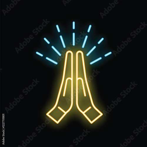 Neon sign depicting two hands clasped in prayer, emitting bright beams of light, against a dark background