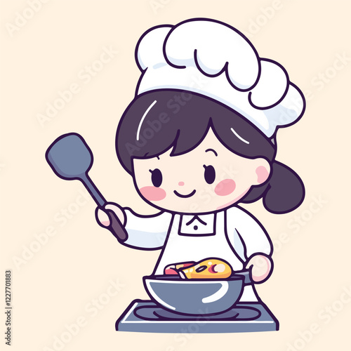 Cute cartoon gril Chef Cooking In Kitchen vector illustration