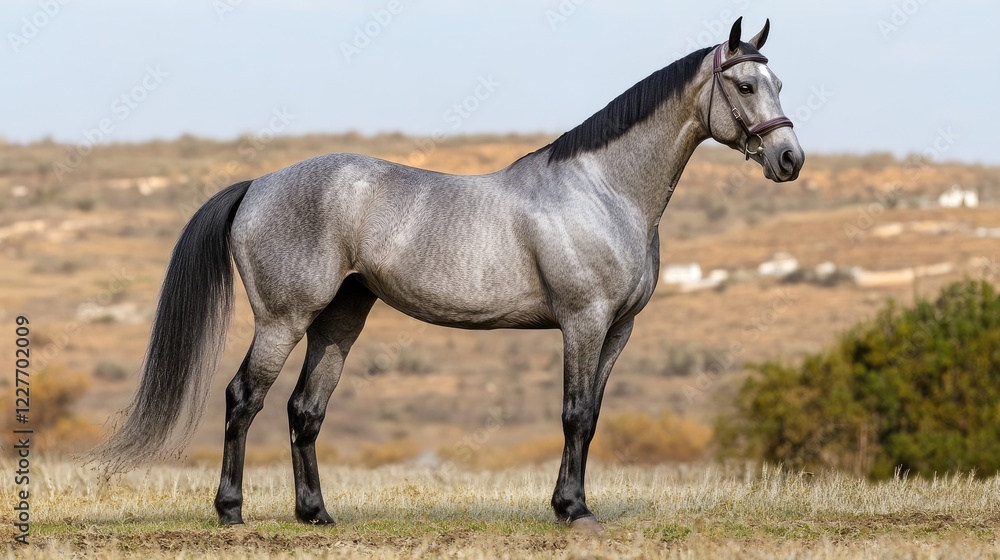 Majestic portrait of a grey horse standing gracefully in a picturesque landscape under clear sky showcasing its beauty and elegance. Majestic portrait of a grey horse standing gracefully in a picturesque landscape under clear sky showcasing its beauty and elegance.