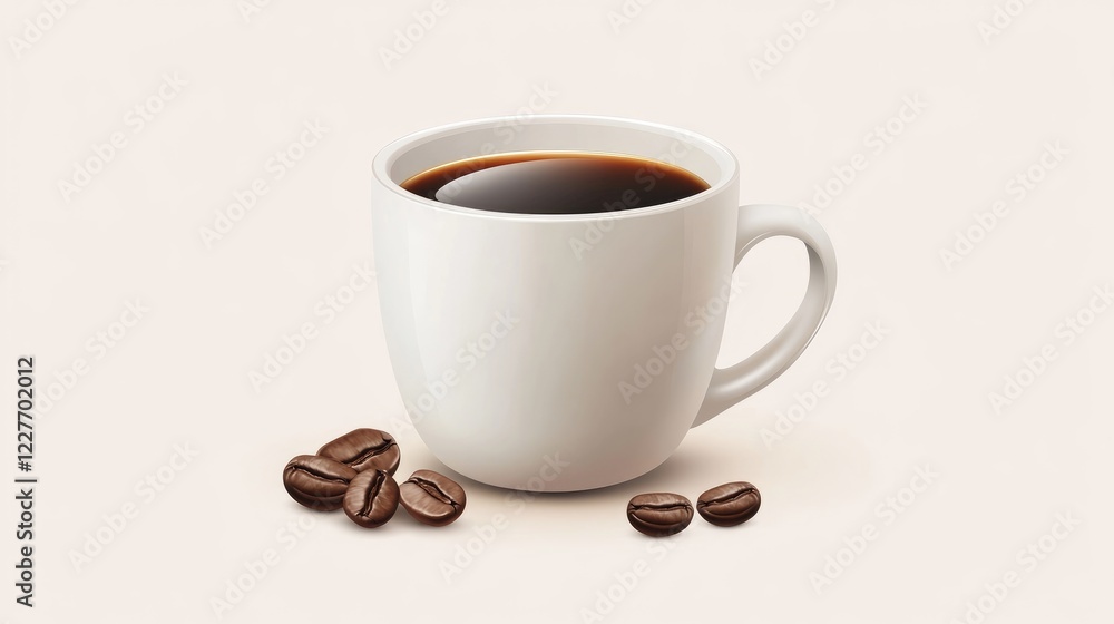 Elegant White Coffee Mug Filled with Rich Black Coffee and Fresh Coffee Beans on Soft Neutral Background Elegant White Coffee Mug Filled with Rich Black Coffee and Fresh Coffee Beans on Soft Neutral Background