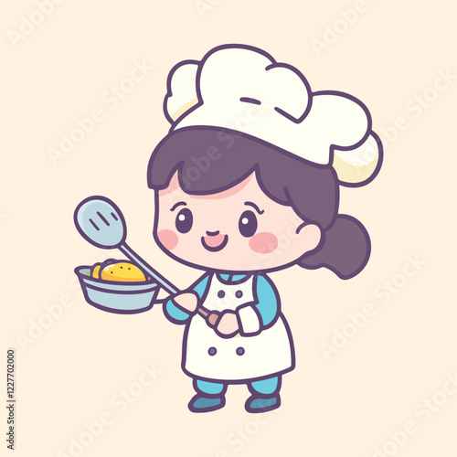 Cute cartoon gril Chef Cooking In Kitchen vector illustration
