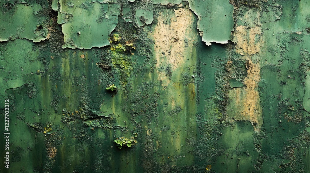 Grunge concrete wall background with rough texture featuring green and black hues and organic decay elements.