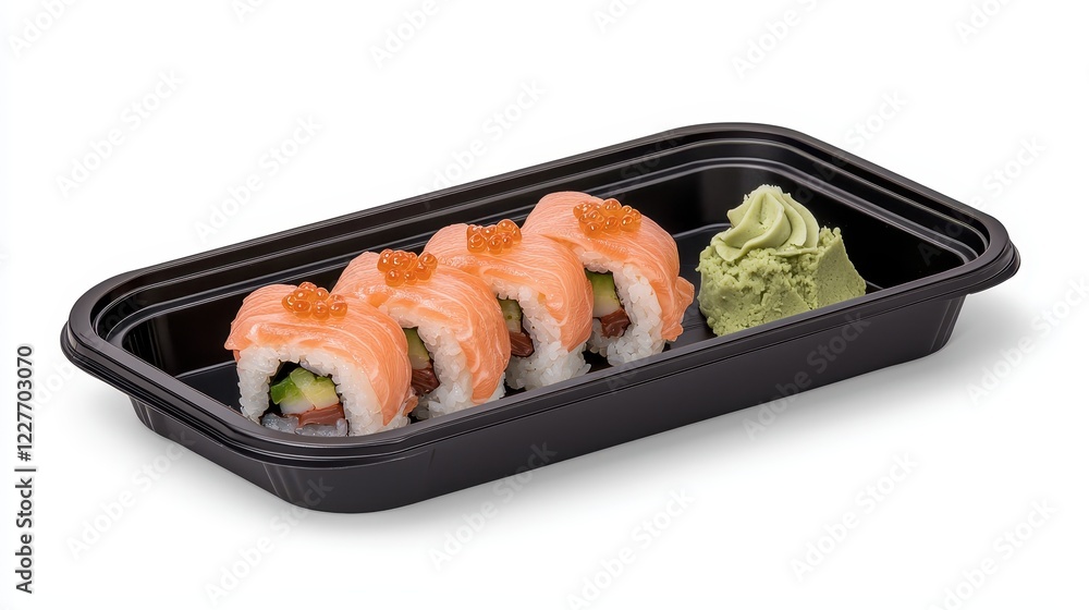 Fresh Salmon Sushi Rolls with Wasabi and Soy Sauce on Black Tray Fresh Salmon Sushi Rolls with Wasabi and Soy Sauce on Black Tray
