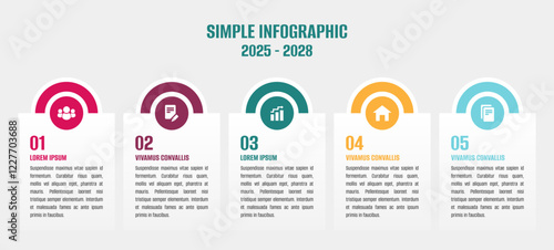 Simple 5 color infographic. Info graphic with 5 color circles and items. Five steps infographic
