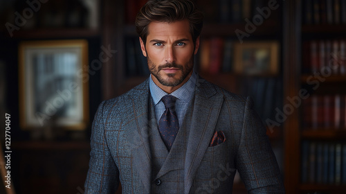 A confident man in a tailored suit stands against a dark library backdrop, exuding sophistication and professionalism, ideal for corporate settings