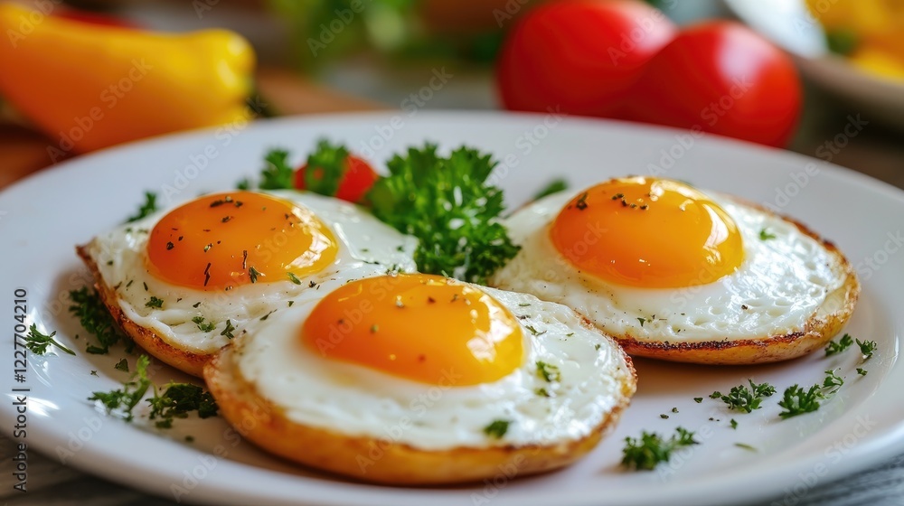 Fried eggs on a plate garnished with parsley showcasing a creative food presentation with colorful ingredients in the background. Fried eggs on a plate garnished with parsley showcasing a creative food presentation with colorful ingredients in the background.