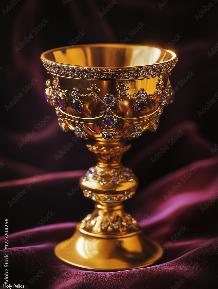 Elegant golden chalice adorned with jewels showcased against a rich purple backdrop Elegant golden chalice adorned with jewels showcased against a rich purple backdrop