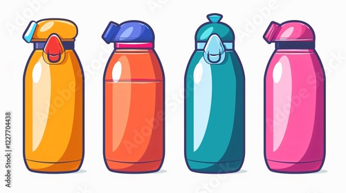 Fun and Colorful Flask Cartoon Icon with Thermos and Plastic Water Bottle