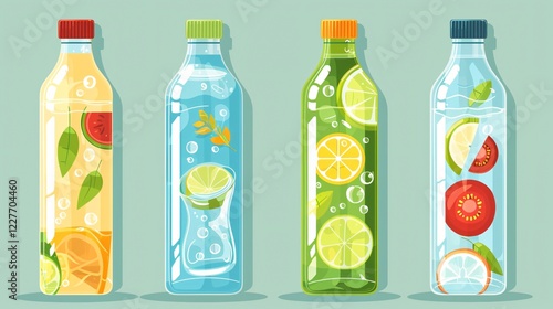 Vibrant Cartoon Flat Bottle Set for Mineral Water Packaging Design