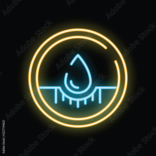 Glowing neon line icon of a water drop being absorbed into the soil, representing irrigation, plant growth, and agriculture