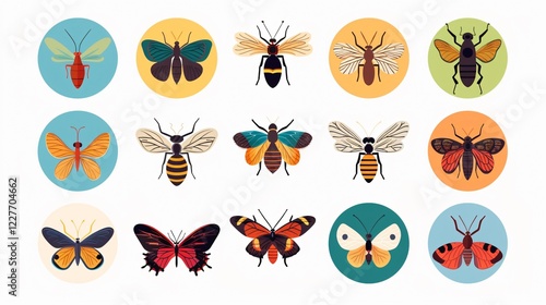 Flat Insects Vector Icons in Round Shape for Graphic Design Projects