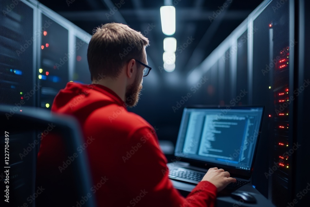 Fototapeta premium Backend developer coding in a server room at night with multiple screens and data servers