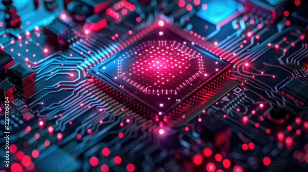 Close-up view of a vibrant circuit board with glowing components and intricate designs Close-up view of a vibrant circuit board with glowing components and intricate designs