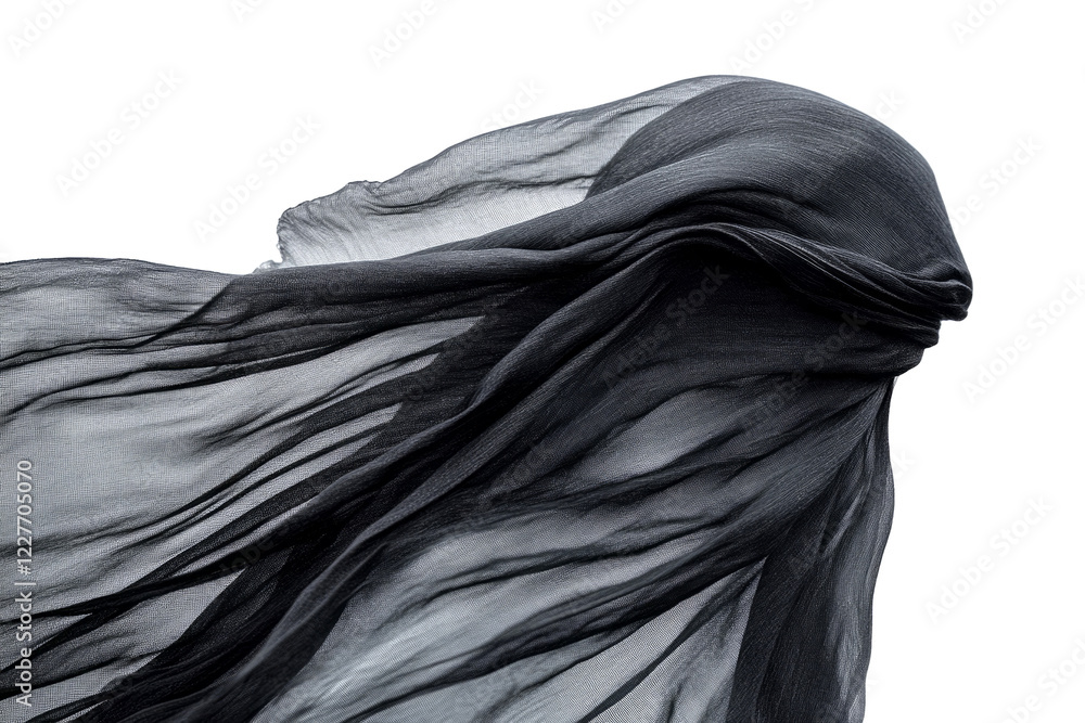 Black fabric gracefully flowing against a white background Black fabric gracefully flowing against a white background