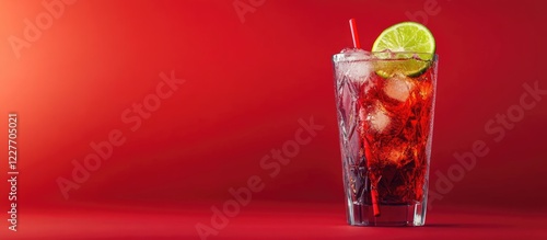 Refreshing red cocktail with lime and ice on a vibrant red background ideal for summer promotions or beverage advertising photo