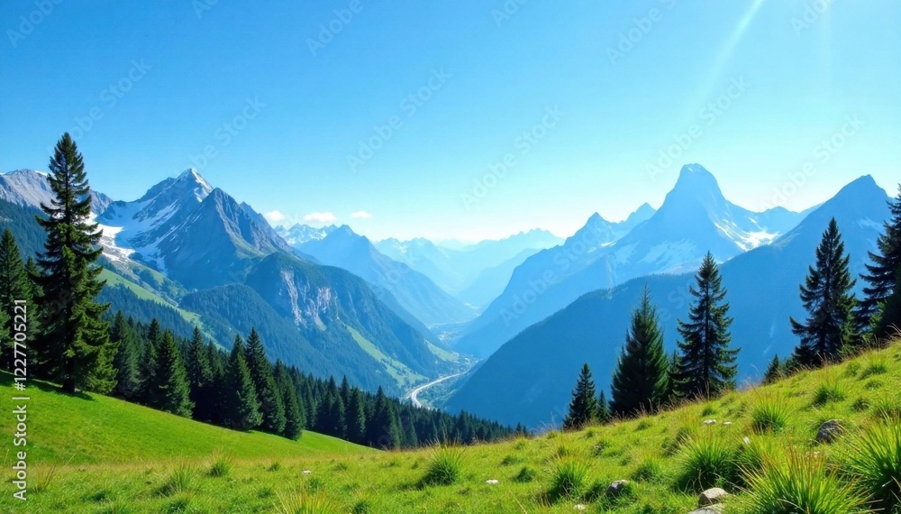 Fototapeta premium Mountains and trees under clear blue sky, forest, landscape, sky